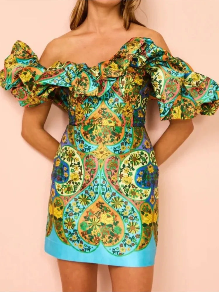 Slash Neck Mini Dress Women Off Shoulder Slim Sexy Vintage Printed Short Dress Backless Party Club Prom Fashion Elegant New 2024