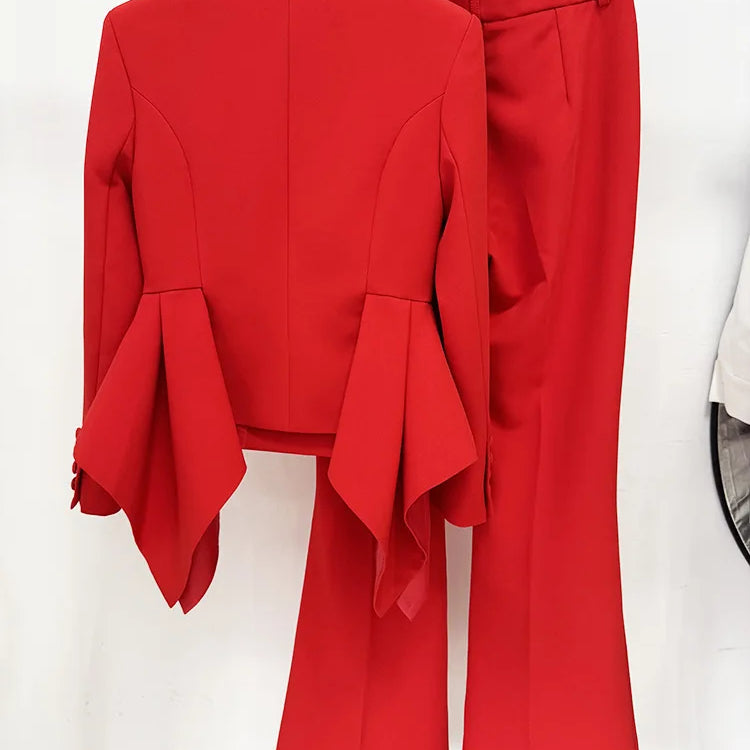 2025 New Red Color Women Long Sleeve Ruffles V-Neck Fashion Women's Set Elegant Evening Party Office Lady Wear Top Quality