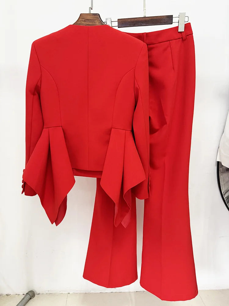 2025 New Red Color Women Long Sleeve Ruffles V-Neck Fashion Women's Set Elegant Evening Party Office Lady Wear Top Quality