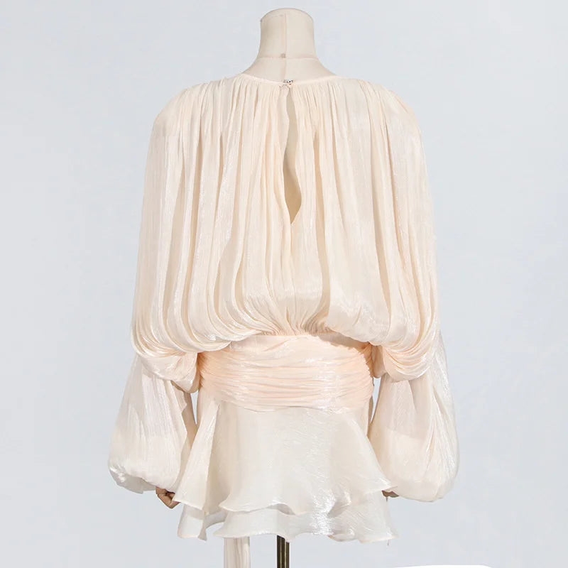 2025 Spring Solid Spliced Lace Up Loose Dresses For Women O Neck Long Sleeve High Waist Temperament Dress Female Fashion New