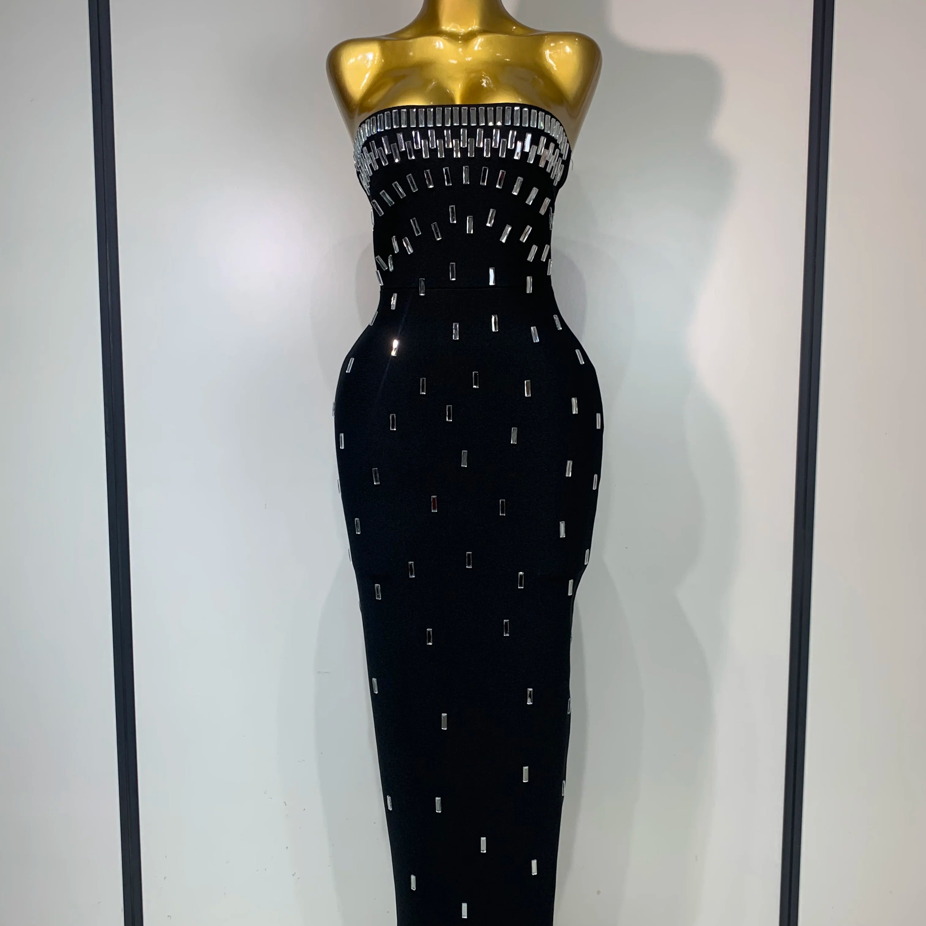 Fashion Sexy Strapless Bodycon Bandage Dress Luxury Rhinestone Celebrity Elegant Evening Prom Gown Birthday Wedding Guest Dress black