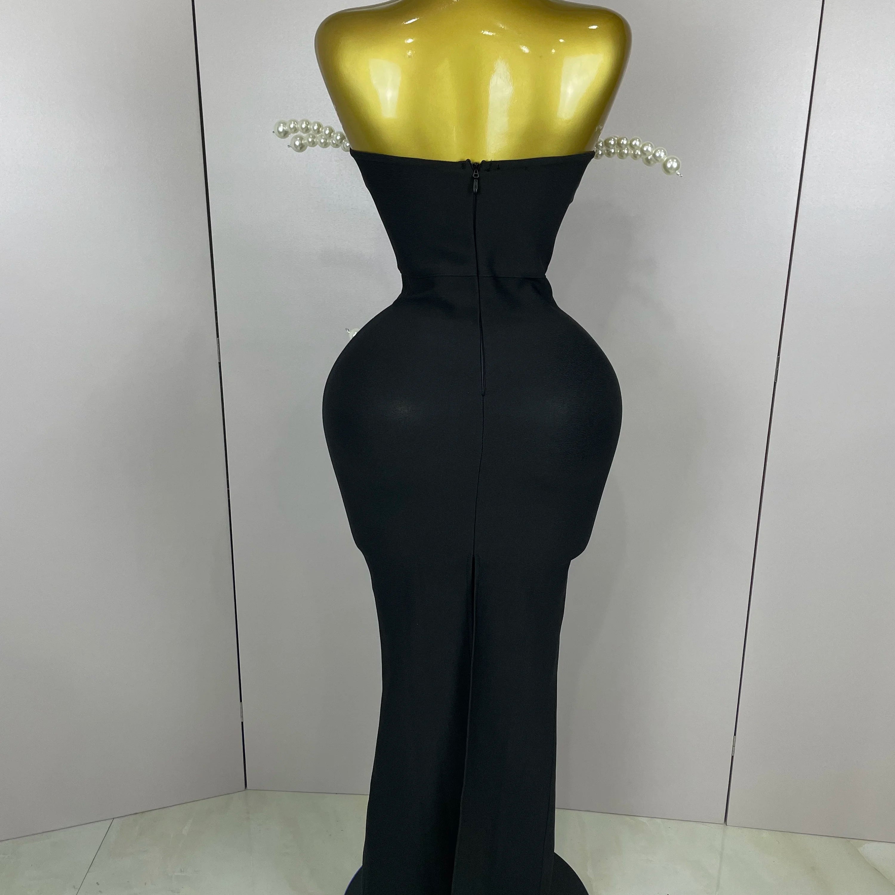2025 New Sexy Strapless Pearl Beading Bodycon Long Bandage Dress Women Fashion Elegant Evening Party Luxury Birthday Dresses
