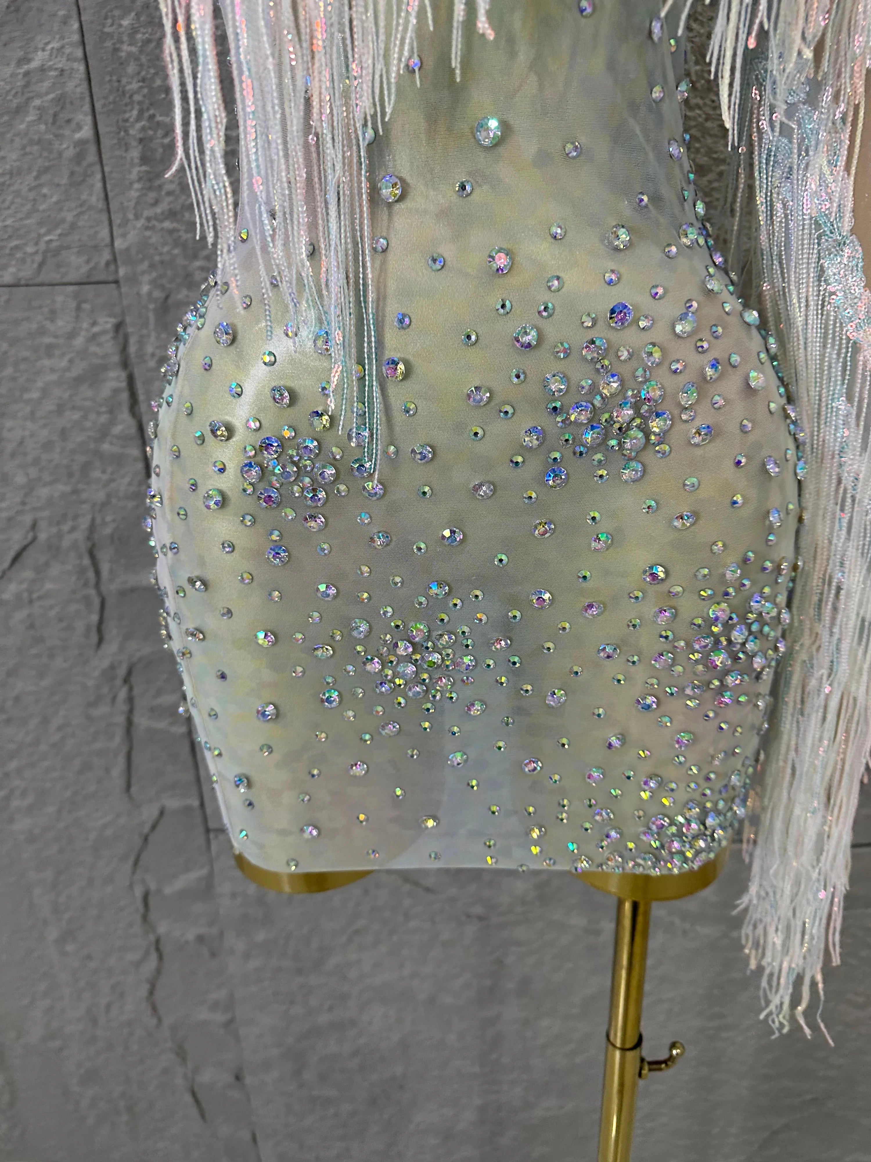 Glamorous Nude Sheer Mesh Dress Women Long Sleeve Flowy Rhinestone Fringe Embellished Nightclub Party Dance Performance Outfit