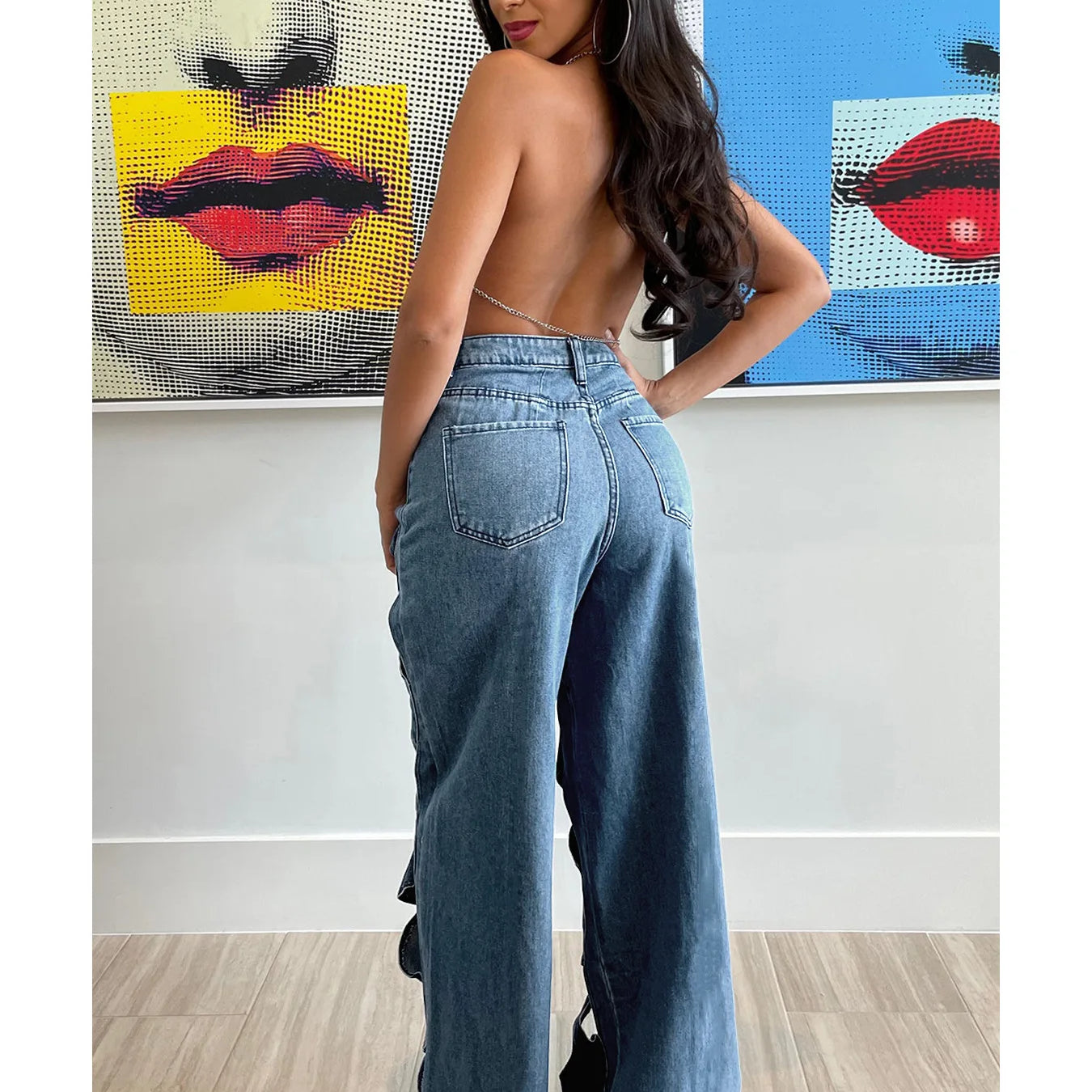 Women Vintage Cutout Hollow Out Criss Cross Straight Denim Pants 2024 Fashion INS High Waist Wide Leg Jeans Trousers