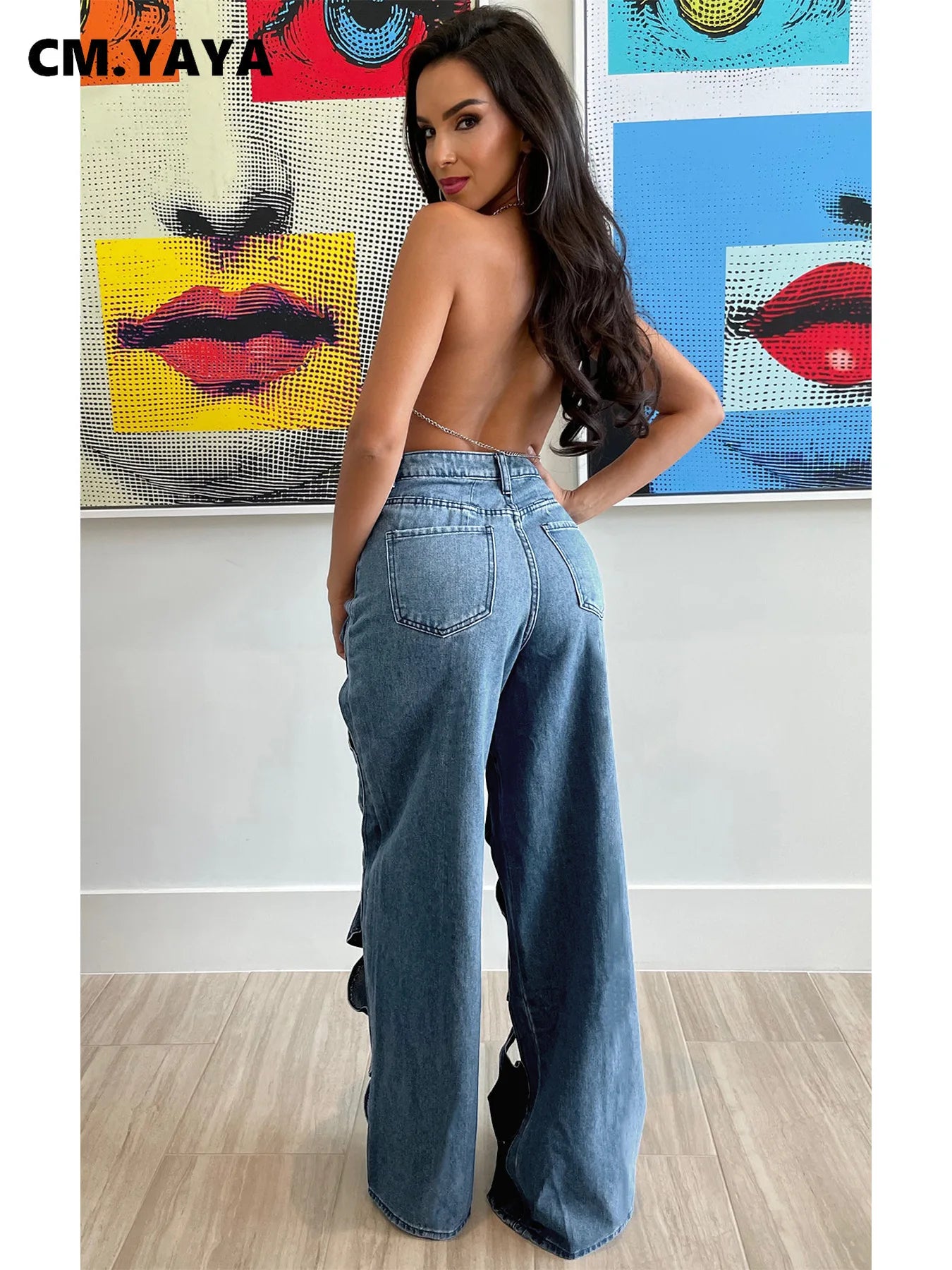 Women Vintage Cutout Hollow Out Criss Cross Straight Denim Pants 2024 Fashion INS High Waist Wide Leg Jeans Trousers