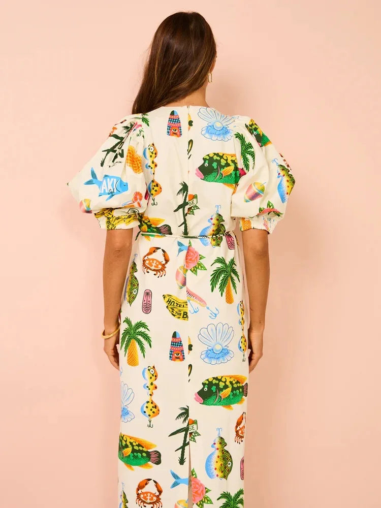 Women Hawaii Holiday Print Long Dress Short Sleeve Sashes Empire Waist Loose Vintage Retro Ladies Summer Beach Drsses NEW