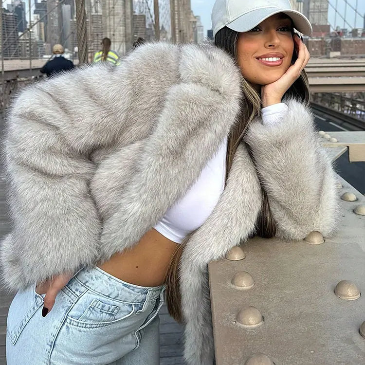 HH Women Fashion Lapel Faux Fur Jackets Elegant Solid Long Sleeves Oversized Coats 2025 Female Winter Fuzzy Warm Outerwear