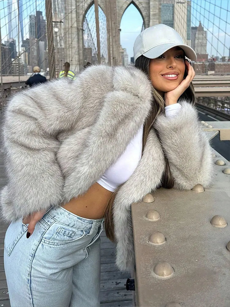 HH Women Fashion Lapel Faux Fur Jackets Elegant Solid Long Sleeves Oversized Coats 2025 Female Winter Fuzzy Warm Outerwear