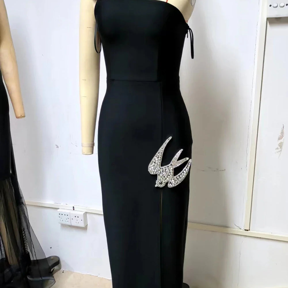 Ailigou New Women's Sexy One Shoulder Sleeveless Diamond Split Thigh Long Bandage Dress Elegant Celebrity Party Dress black