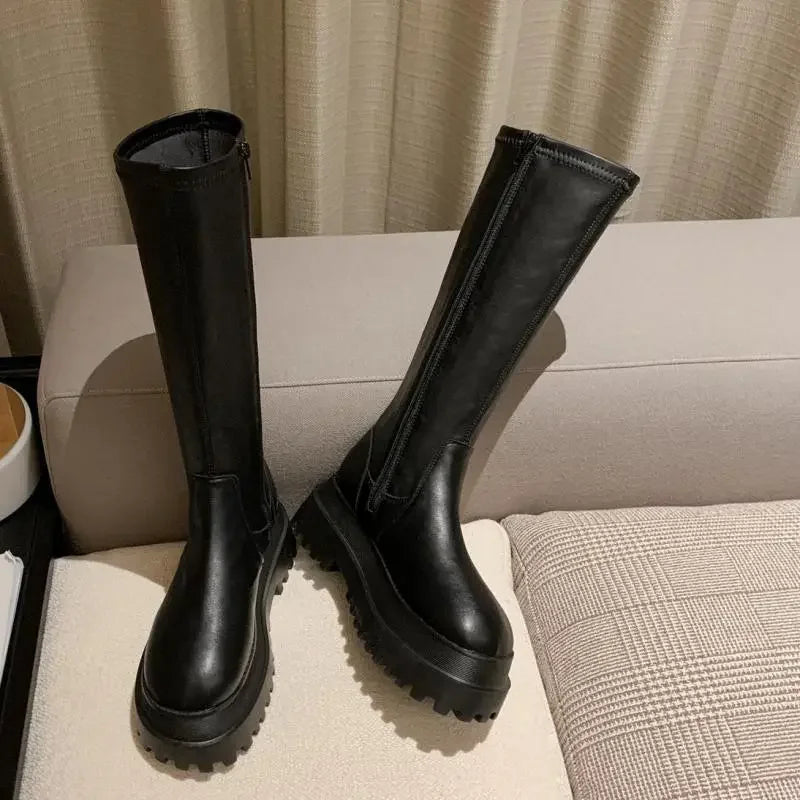 Fashion Platform Mid-Calf Shoes Women Combat Winter Heels Long Thigh High Botas Zipper Knee High Boots For Girls Mujer