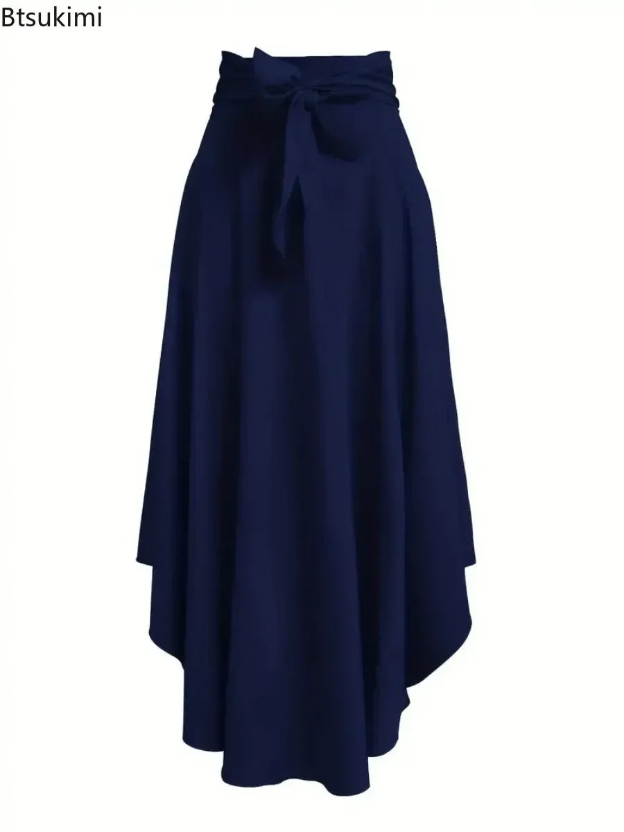 New Women's Fashion Elegant Split Hem Skirts Irregular Design Pleated Maxi Skirt High Waist Solid Lace-up Party Long Dress Femme
