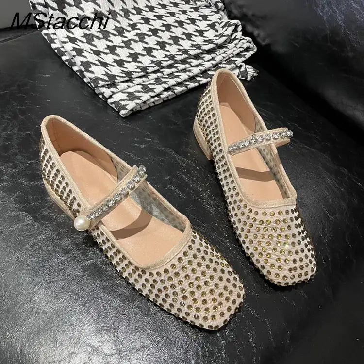 Mesh Crystal Pearl Flat Shoes Woman Square Toe Office Lady Luxury Shoes Big Size Mary Janes Shoes 2025 New Spring Single Shoes