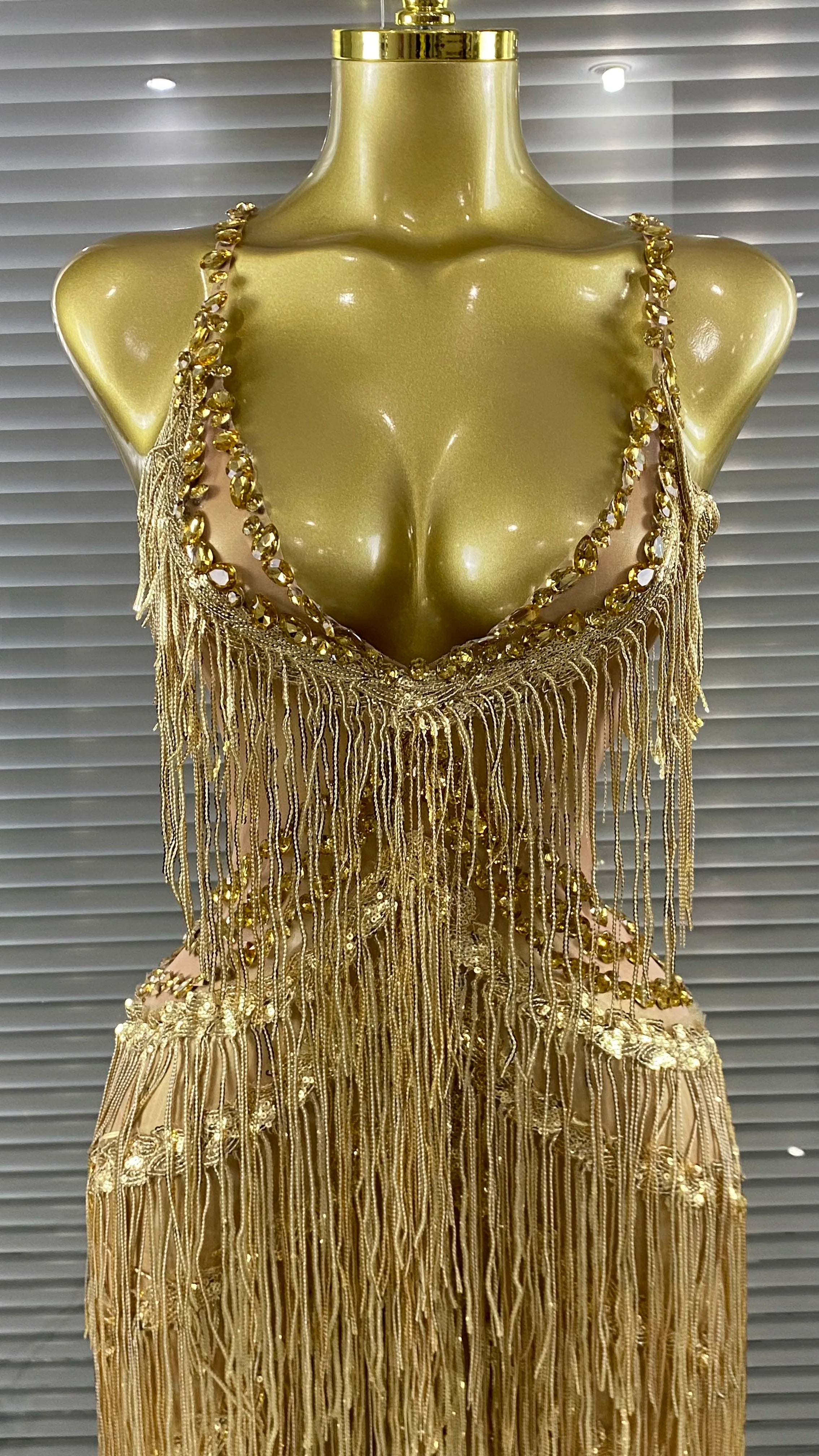 Golden Sequins Tassle Sexy V-Neck Hollow Out Jumpsuit Fashion Woman Woman Party Outfit Stage Performance Costume