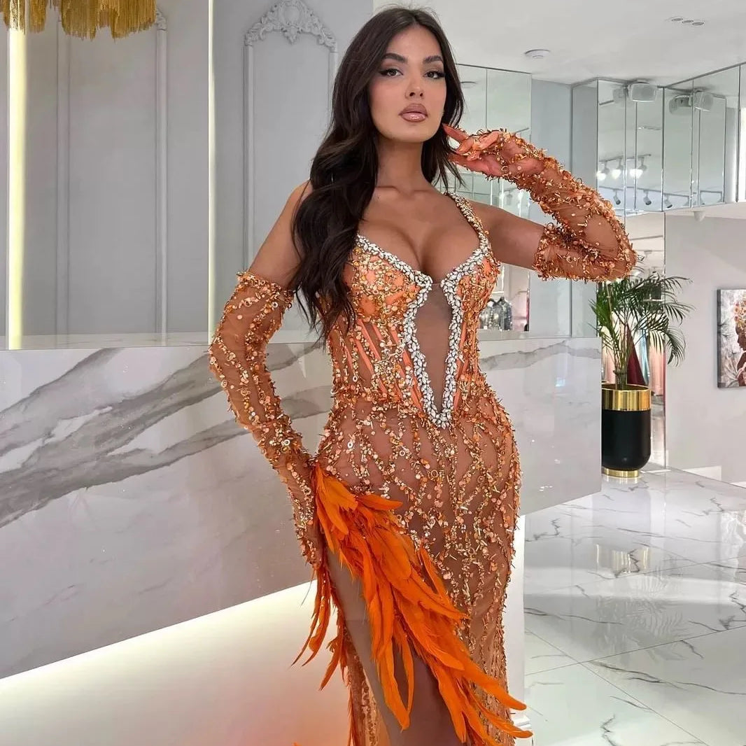 Women Luxury Sexy V Neck Feather Beading Mesh Sequins Sparkly Maxi Long Gowns Dress Elegant Celebrity Evening Party Club Dress