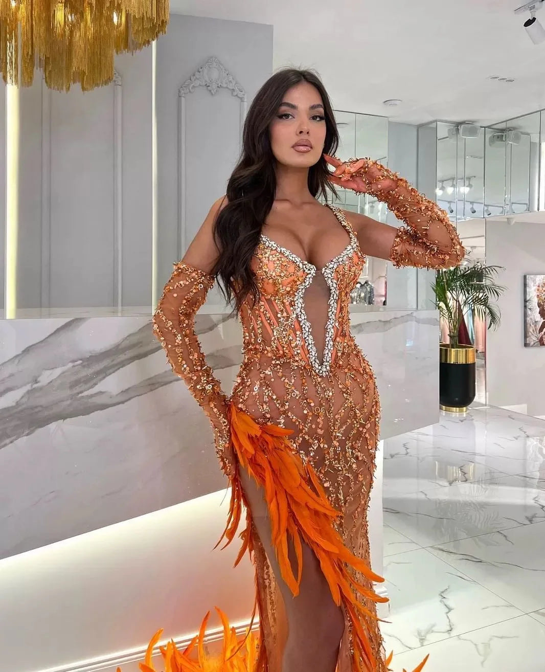 Women Luxury Sexy V Neck Feather Beading Mesh Sequins Sparkly Maxi Long Gowns Dress Elegant Celebrity Evening Party Club Dress