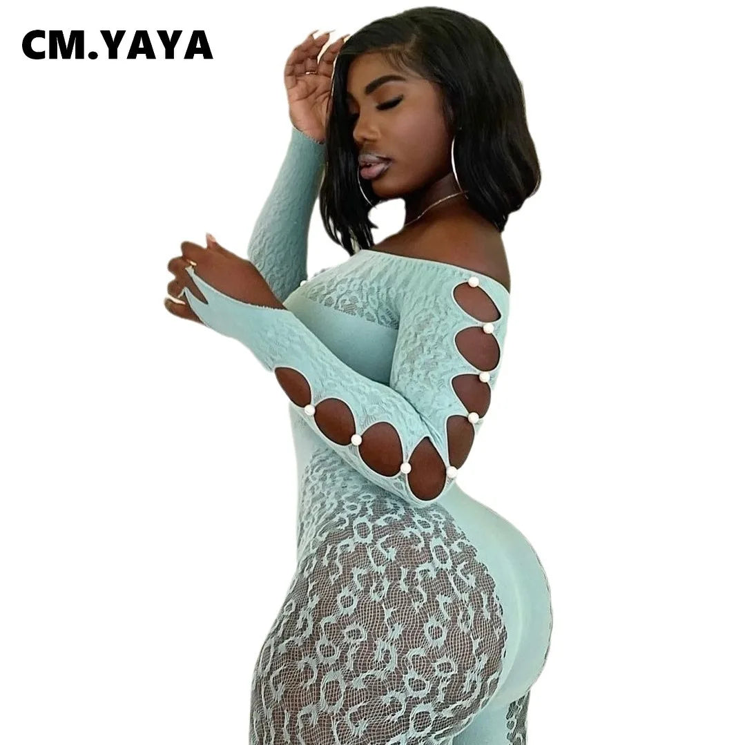 2025 Long Sleeve Sexy Leopard Lace See Through Women’s Jumpsuits Summer Slash Neck Night Club Party One Piece Outfits