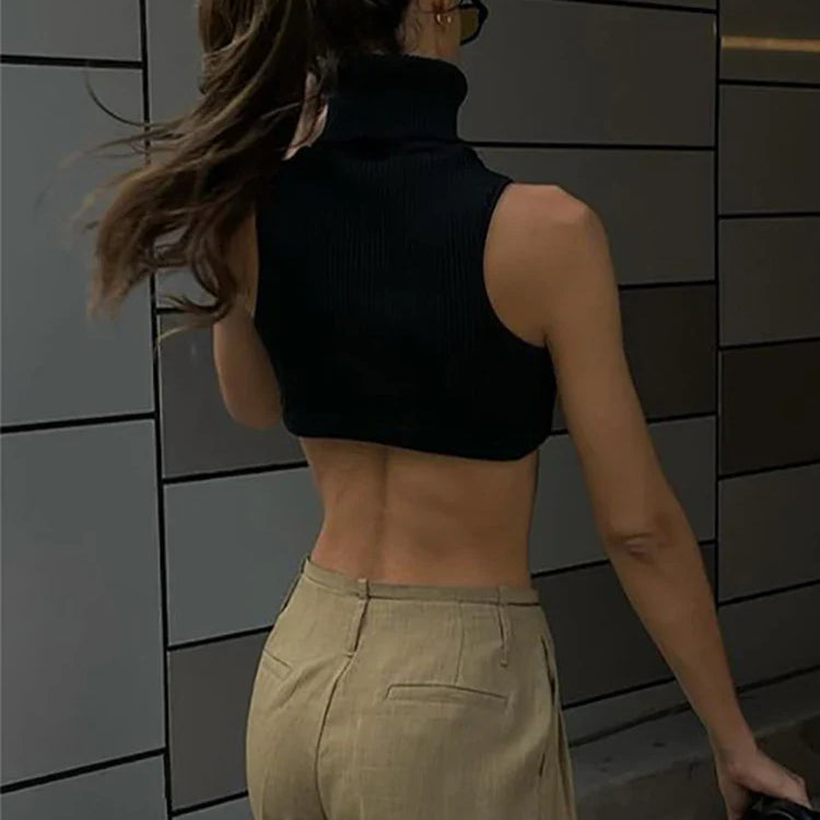 Y2k Black Knitting Turtleneck Crop Top Women Sexy Irregularity Skinny Elasticity Tank Top Fashion Club Top Streetwear