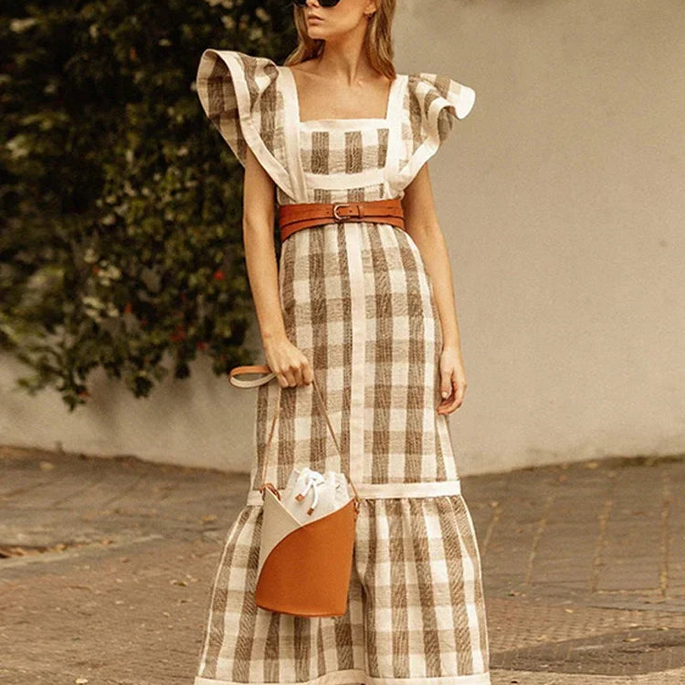 Vintage Plaid Flying Sleeve Shoulder Midi Dress Elegant Spliced Square Collar High Waist Vestidos Spring High Street Female Robe Grey