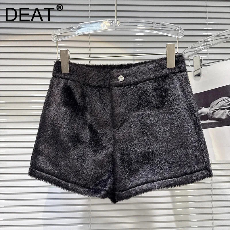 Winter New Elegant Fashion Rhinestone Buckle Faux Mink Fur Thickened Shorts For Women Solid Color Boot Pants 11A07520