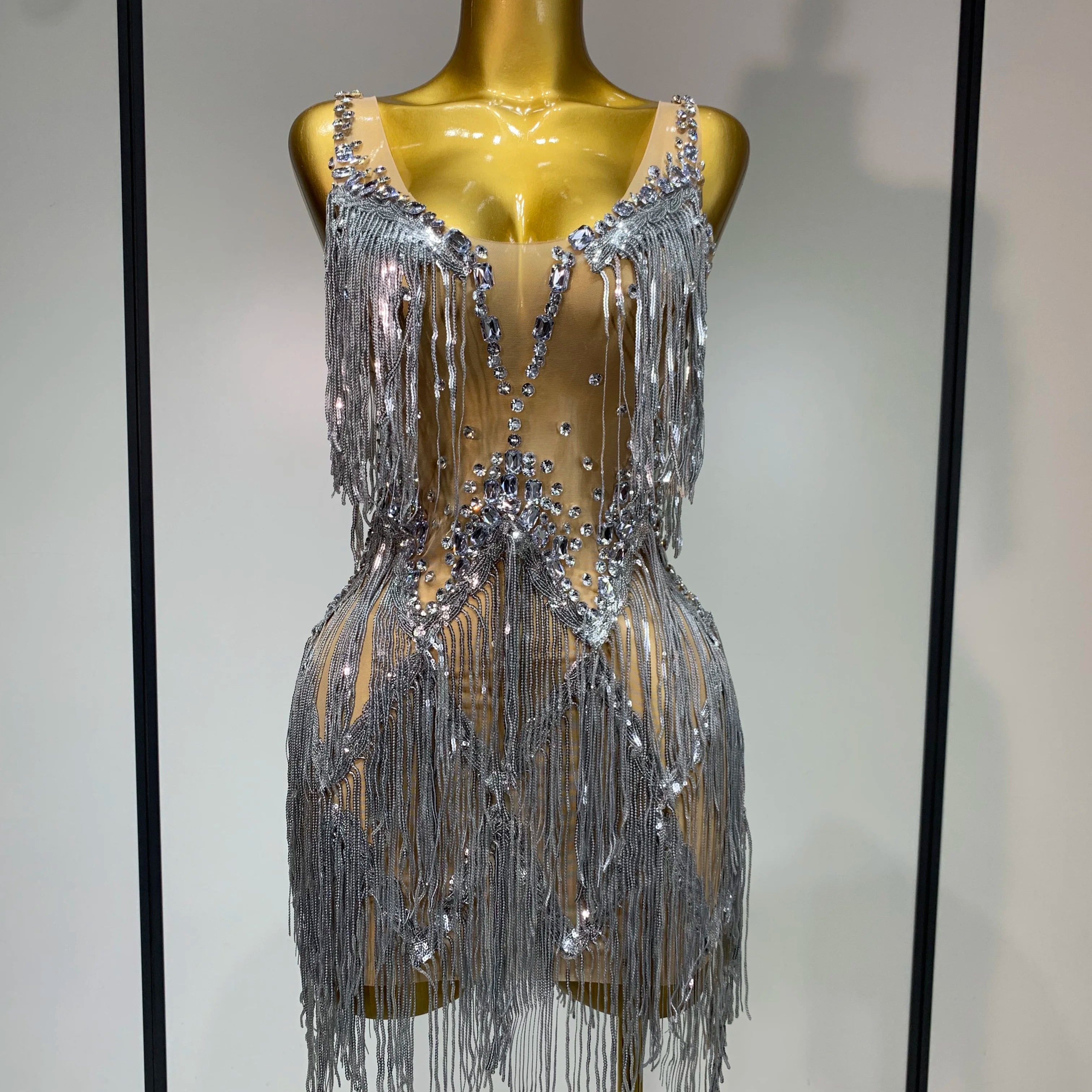 Sparkly Rhinestone Tassels Sexy Mesh See Through Dress 2025 Women Evening Party Luxury Birthday Nightclub Perform Stage Costume Silver