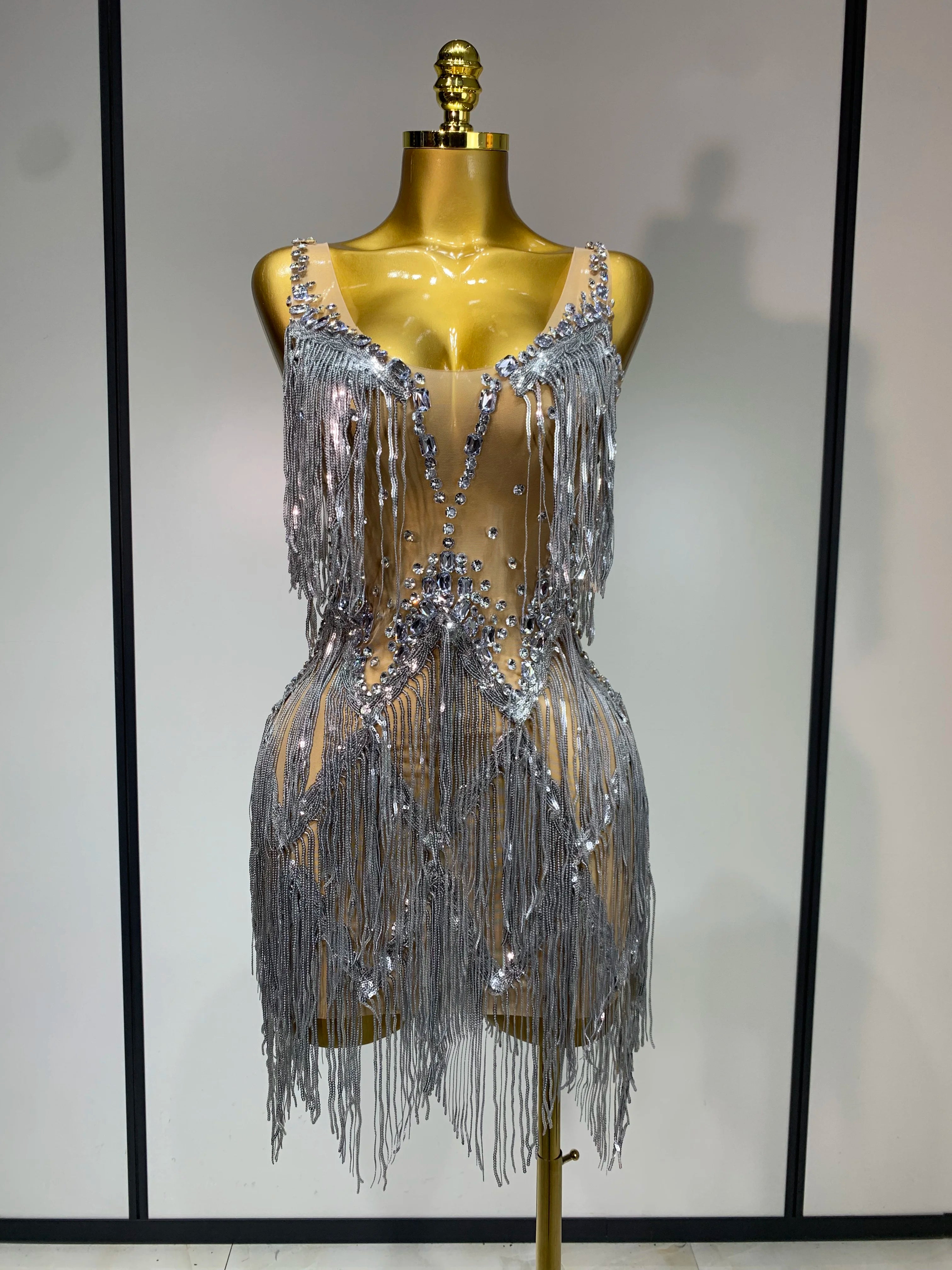 Sparkly Rhinestone Tassels Sexy Mesh See Through Dress 2025 Women Evening Party Luxury Birthday Nightclub Perform Stage Costume Silver