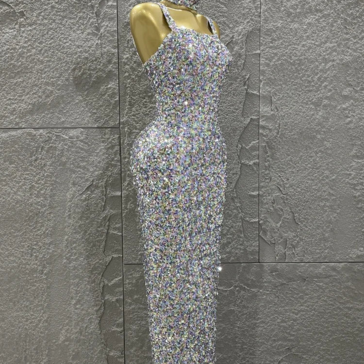 Colorful Sequins Women Sexy Strapless Bodycon Long Dress Necklace Celebrate Evening Party Nightclub Party Bar Singer Outfit