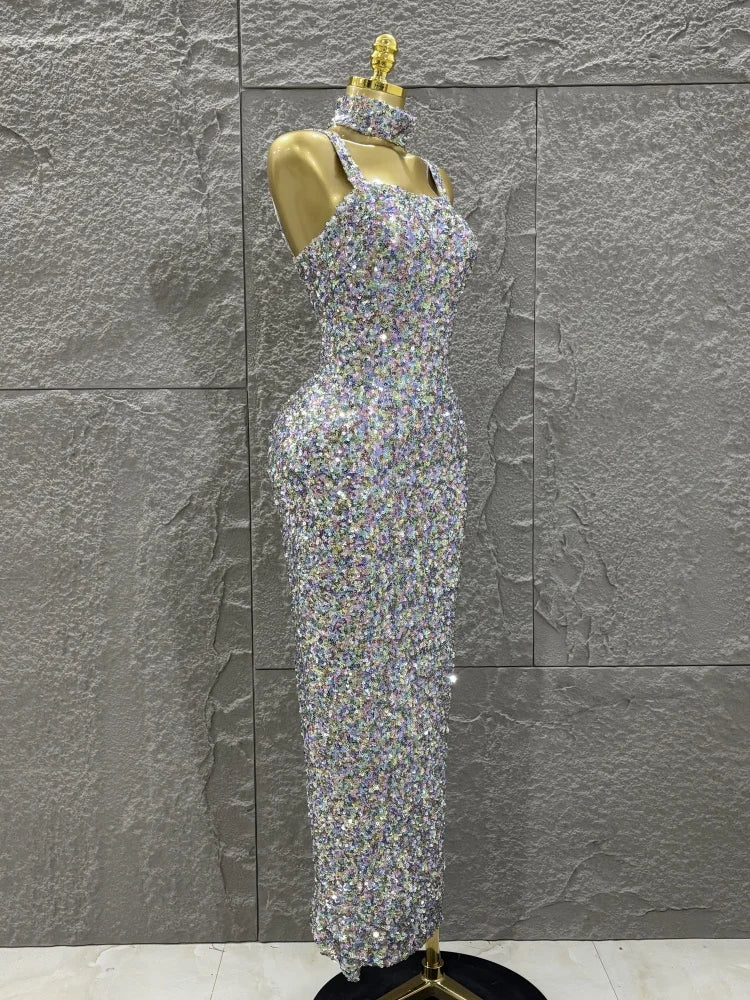 Colorful Sequins Women Sexy Strapless Bodycon Long Dress Necklace Celebrate Evening Party Nightclub Party Bar Singer Outfit