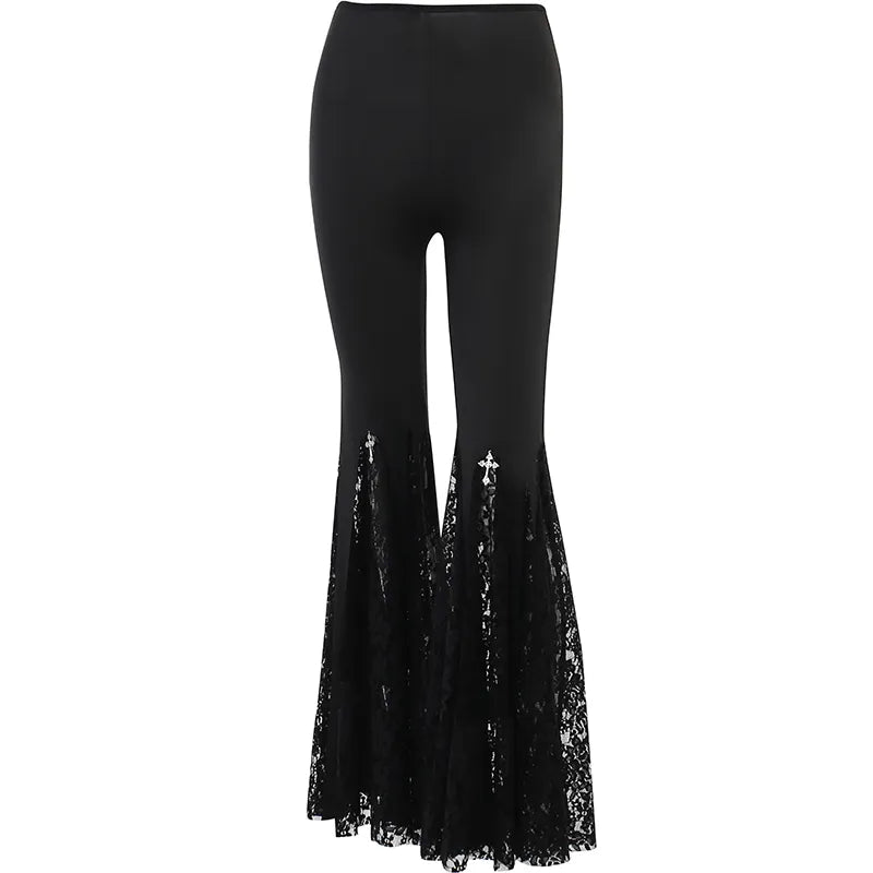 Y2K Gothic Black Lace Mesh Flared Pants Sexy Harajuku Aesthetic See Through Long Trousers Vintage Women Summer Pants Streetwear CF22199
