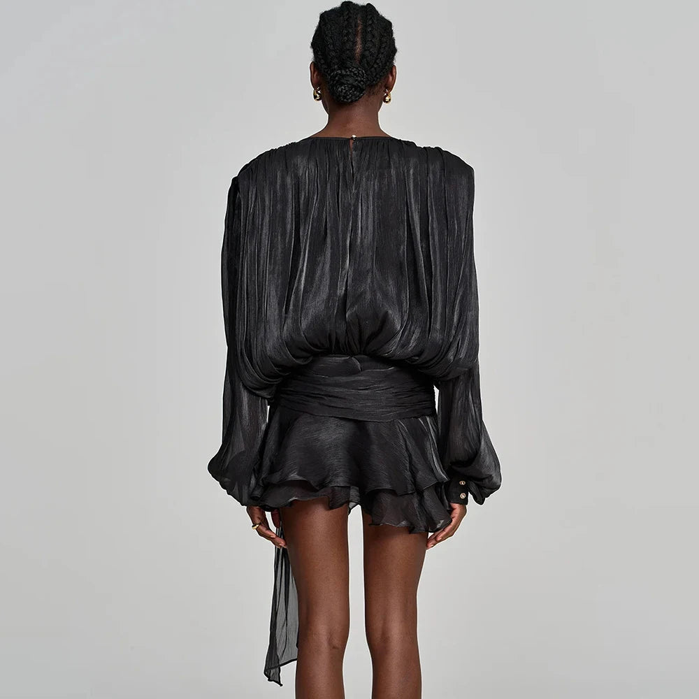 Solid Loose Spliced Lace Up Elegant Dresses for Women Round Neck Long Sleeves Patchwork Folds Dress Female Style