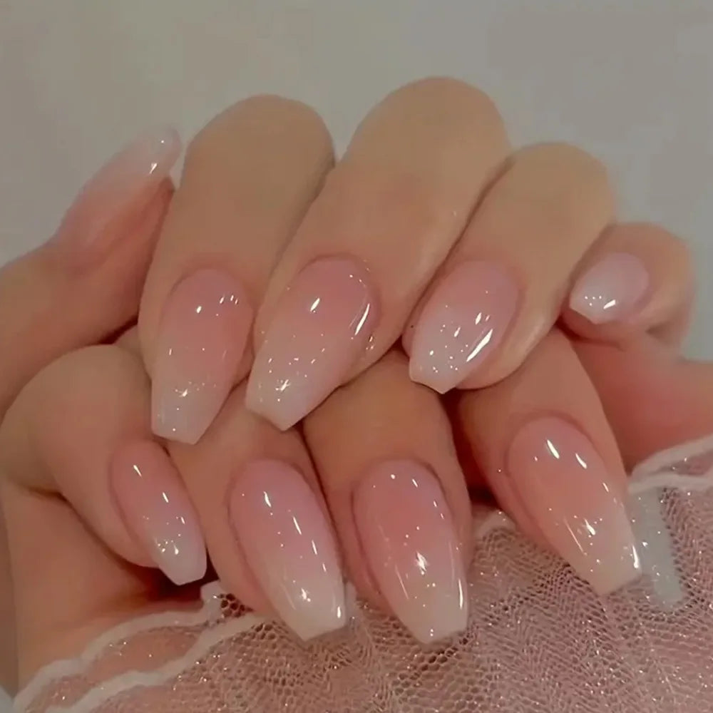 24pcs/set short fake nails gradient nude pink jelly glossy square ballet french tips Reusable faux ongles press on false nail 990