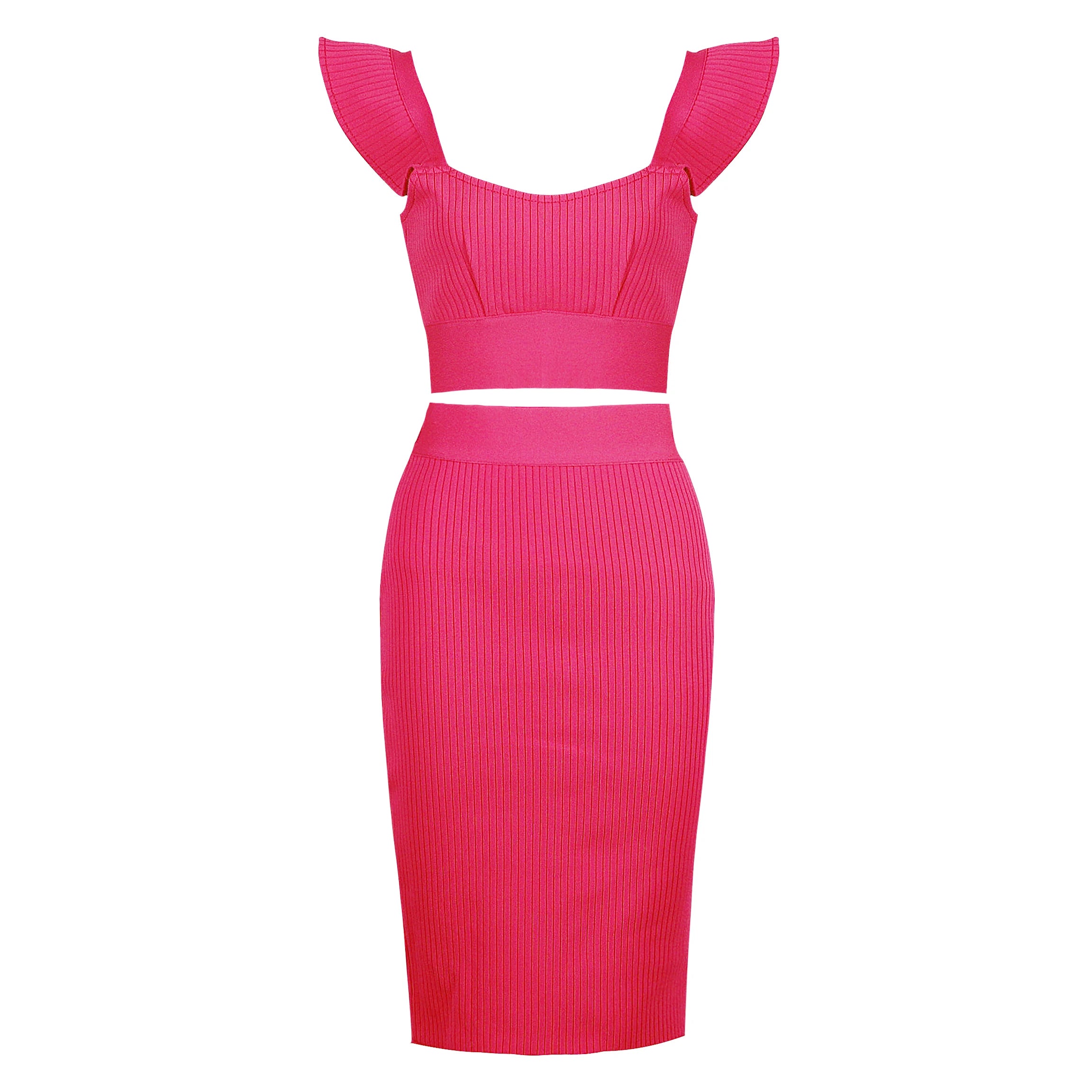 Celebrity Sexy Fashion Green Yellow Ruffles Bodycon Rayon Two Pieces Bandage Dress Two Pieces & Skirt Set Fuchsia