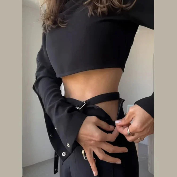 Streetwear Two Piece Set For Women Stand Collar Long Sleeve Top High Waist Pant Wide Leg Pant Chic Sets Female New