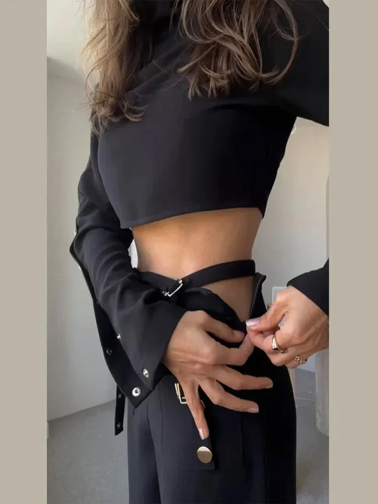 Streetwear Two Piece Set For Women Stand Collar Long Sleeve Top High Waist Pant Wide Leg Pant Chic Sets Female New