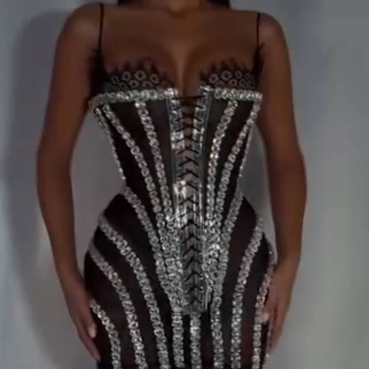 Glamorous Black Lace Adorned Strappy Corset Mini Dress with Sparkling Crystals Evening Gown