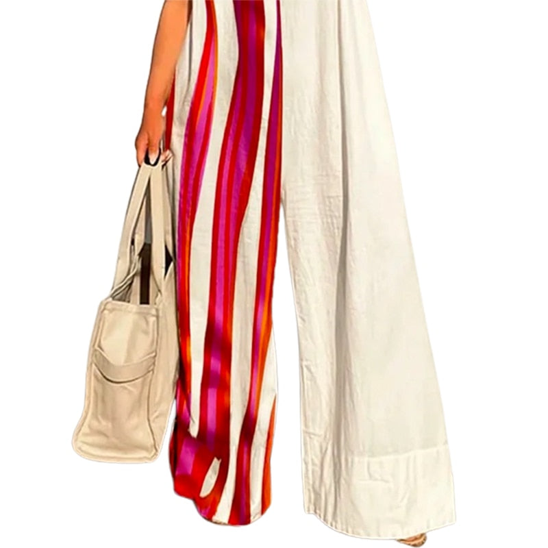 Yeezzi 2024 New Fashion Striped Contrast Color Wide Leg Jumpsuits Summer Sleeveless Going Out One Piece Outfit For Women