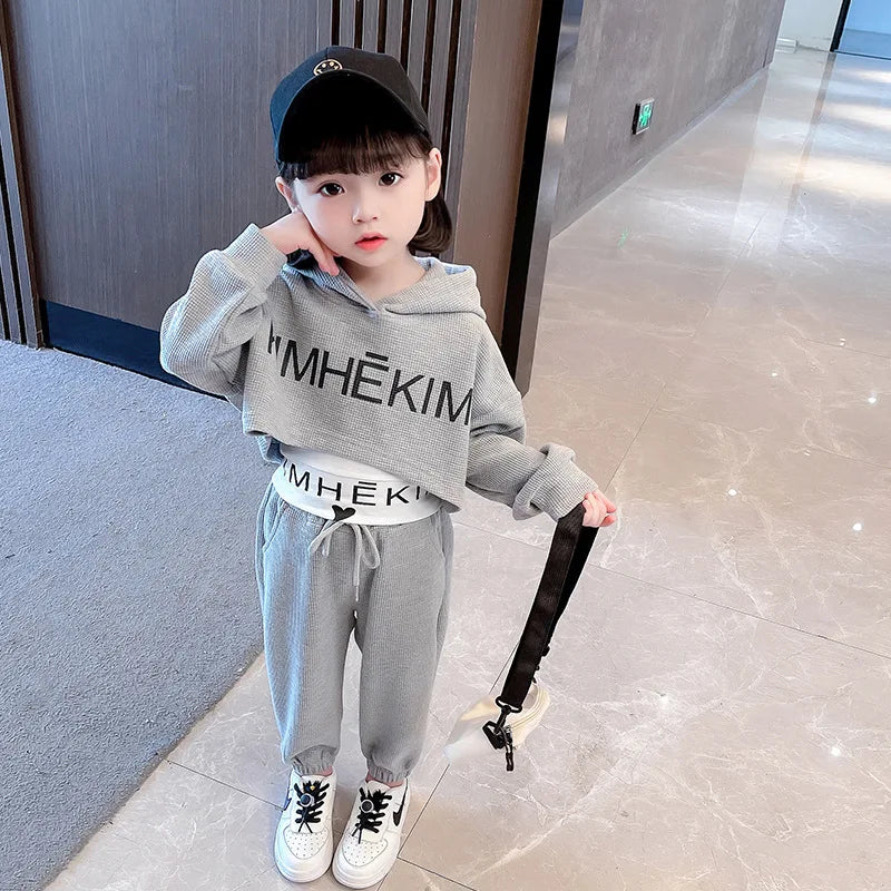 Spring Autumn Baby Girls Waffle Alphabet Crop Hoodie+Drawstring Sweatpant+Tee Tops Kids Tracksuit Child 3PCS Outfit Sets 1-9 Yrs Gray