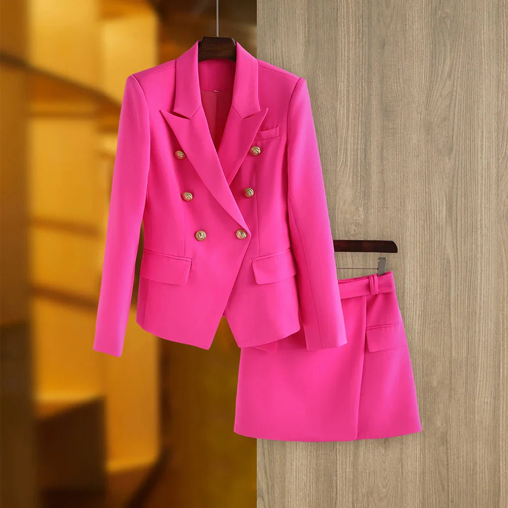 HarleyFashion Gorgeous Design Women 2PCS Blazer Suits Solid Color Summer Blue Skirt Twin Sets Mini Street Clothing for Lady Fuchsia