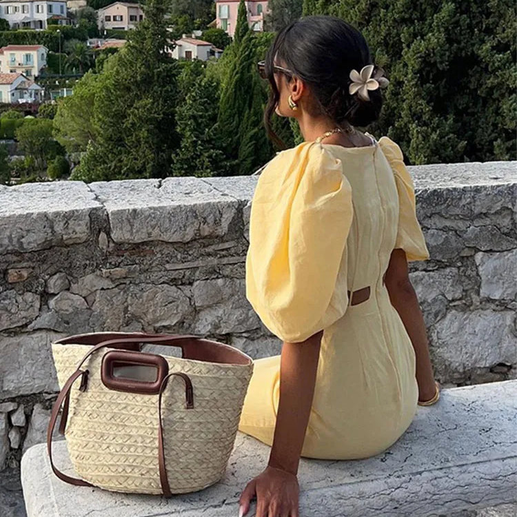 Hollow Square Neck Puff Sleeve Long Dresses Fashion Slim Fit Solid Color Women's Dress Lady Summer Casual Street Vestidos