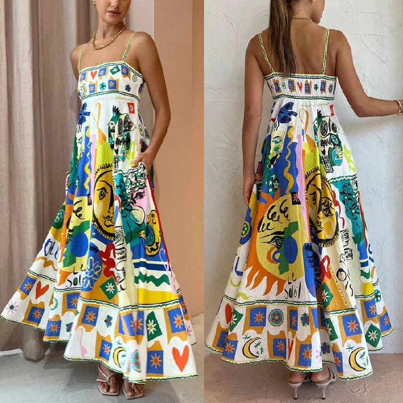 Elegant Printed Sleeveless Swing Dress Women's High Waist Suspender Backless Sexy Women's Summer Beach Vacation Robe