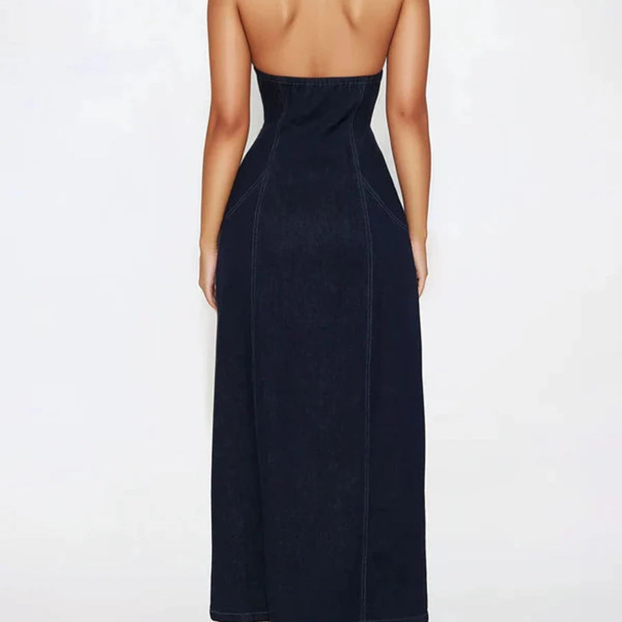 Solid Slimming Spliced Zipper Cowboy Dresses for Women Halter Neck Sleeveless Temperament Dress Femlae Fashion New