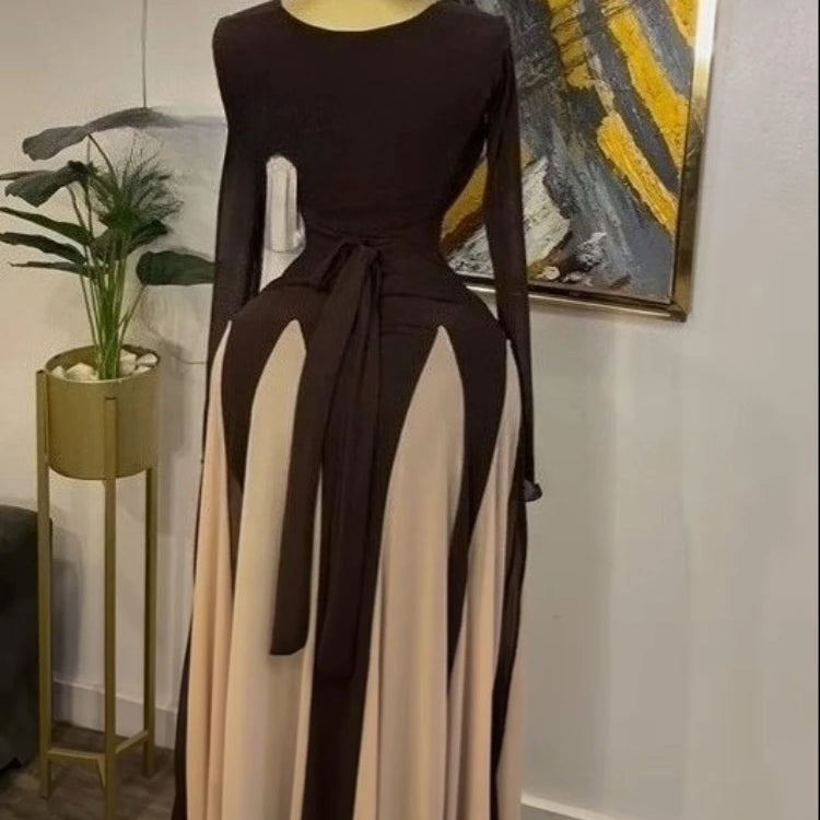 GLCMYAYA Women Long Sleeve Draped Front Midi A-line Patchwork Maxi Long Dress 2025 Vacation Holiday Party Birthday Dresses