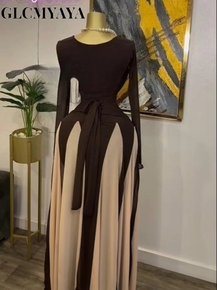 GLCMYAYA Women Long Sleeve Draped Front Midi A-line Patchwork Maxi Long Dress 2025 Vacation Holiday Party Birthday Dresses