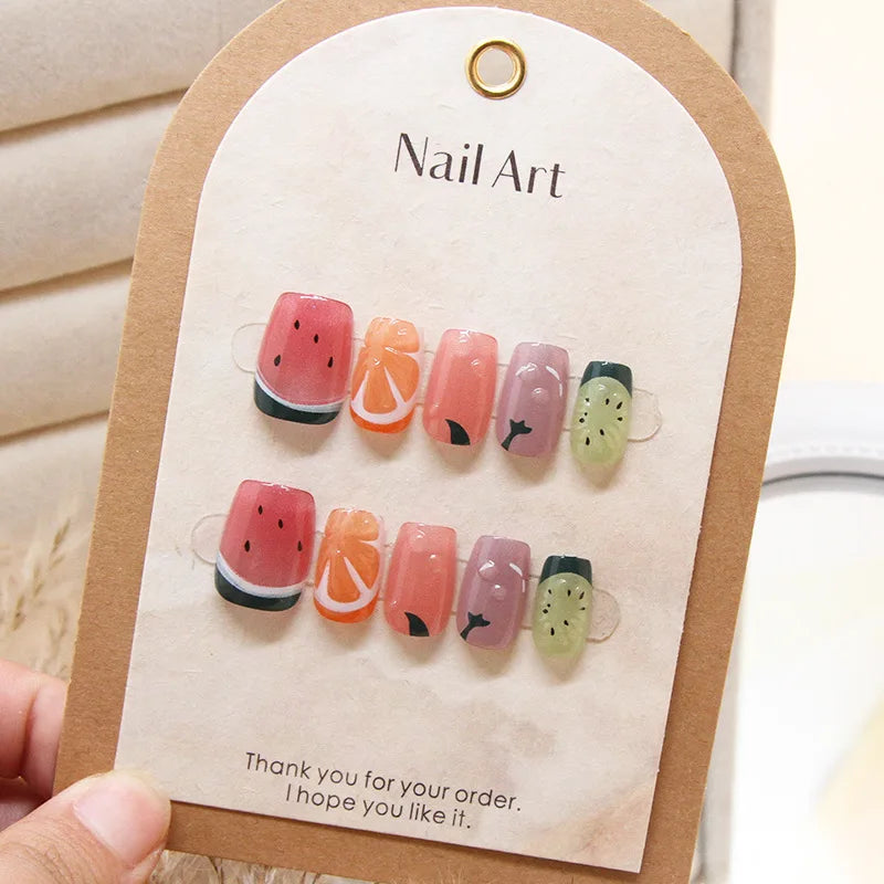 10Pcs Summer Fresh Fruit Pattern Design False Nails Detachable Lovely Short Square Ballet Glossy Full Cover Handmade Nails Art 2 Size XS