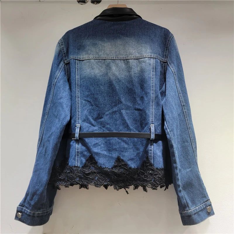 Autumn New Fashion Patchwork Diamond Single-breasted Double Pocket Pleated Lace Trim Denim Jacket For Women 11A07629