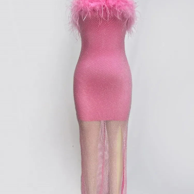 Women Sexy Strapless Ostrich Feathers Pink Crystal Bodycon Bandage Dress 2024 High Street Shineing Split Party Dress Vestido
