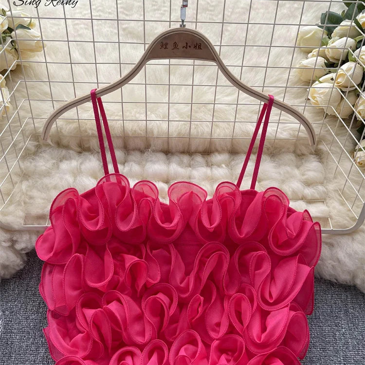 SINGREINY French Style Sheath Solid Sexy Camisole Female 3D Flowers Elastic Tops Ladies Holiday Short Sweet Streetwear Camis rose red One Size