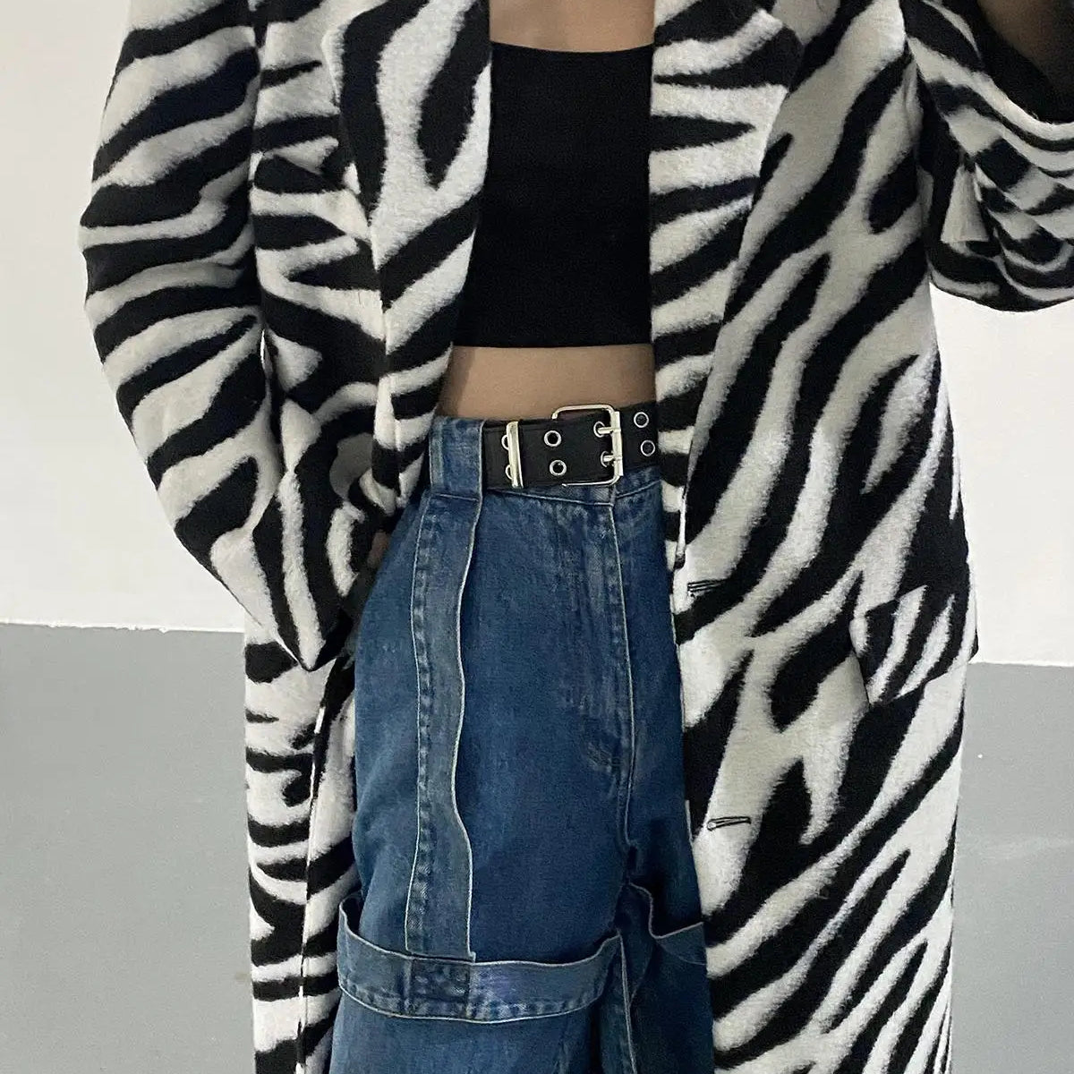 Women Wool Coat Temperament Zebra Pattern Full Sleeve Winter Jacket All Match Outwear Loose Long Overcoat Autum