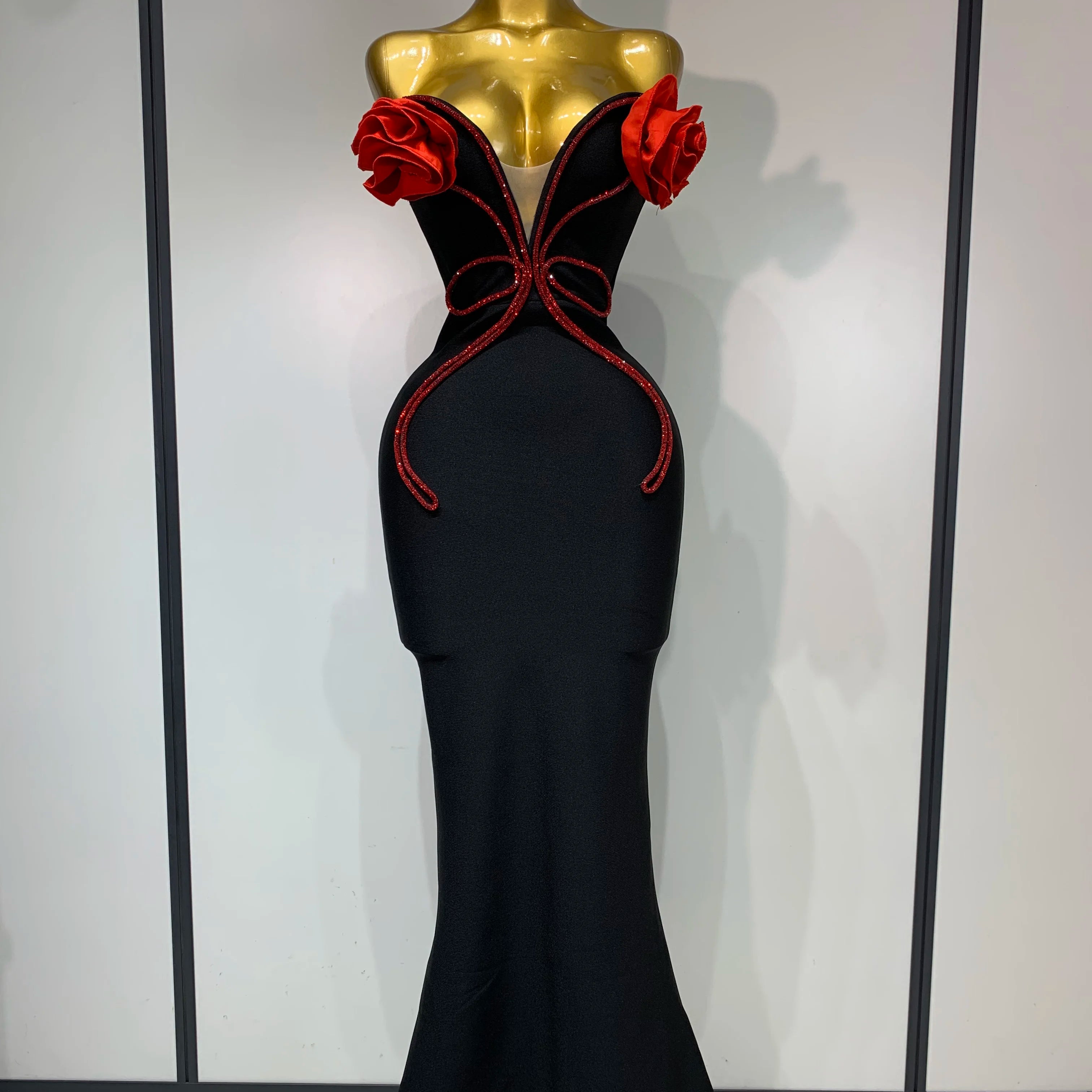 Sexy Strapless Flower Appliques Sexy Diamond Bodycon Bandage Mermaid Dress Celebrity Evening Runway Party Club Birthday Dress black