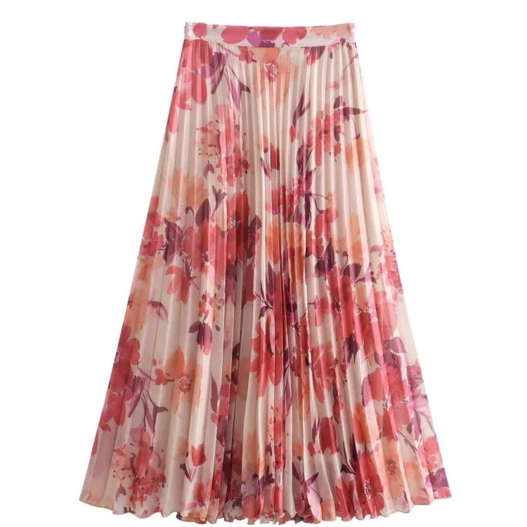 Aonibeier Summer Women Printed Suits Traf Wrist Sleeve V Neck Casual Shirt Female Pleated Maxi Long Skirt Sets Y2K Street