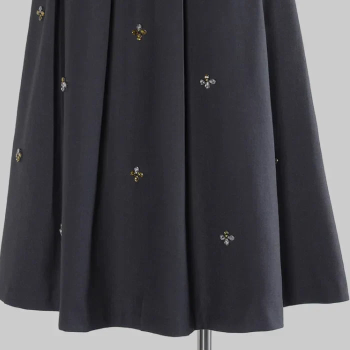 Spring Women French Style Luxury Rhinestone Beading Lady Solid Long Pleated Skirt